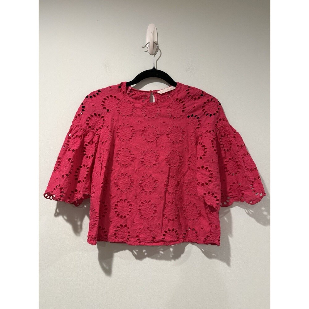 Zara Trafaluc Top XS Pink Eyelet Embroidered Preppy Travel Vacation Cotton Twee